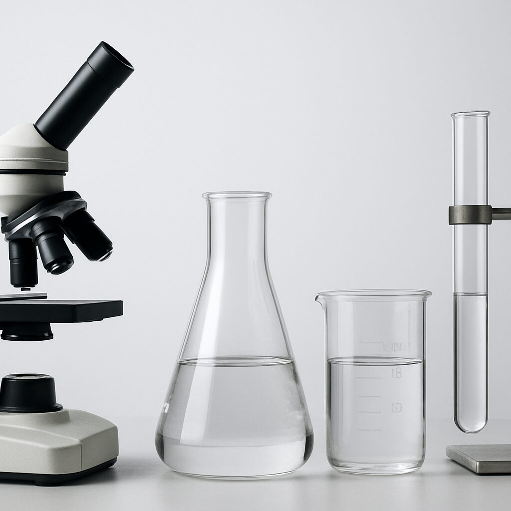 A microscope and laboratory glassware including a flask and beaker on a plain background.