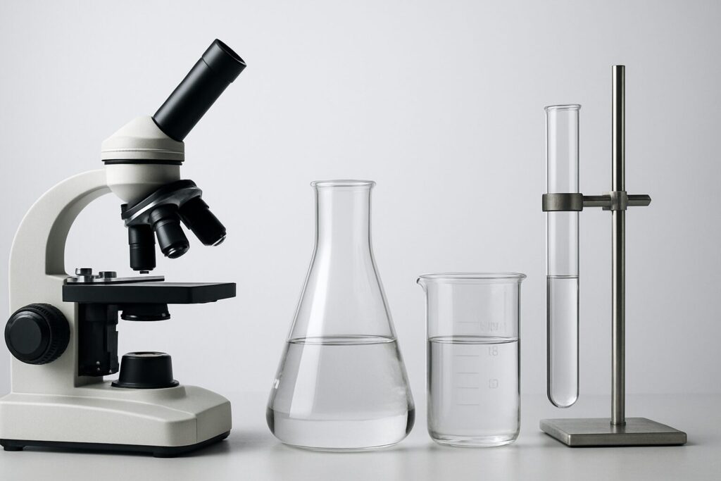 A microscope and laboratory glassware including a flask and beaker on a plain background.