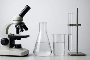 A microscope and laboratory glassware including a flask and beaker on a plain background.