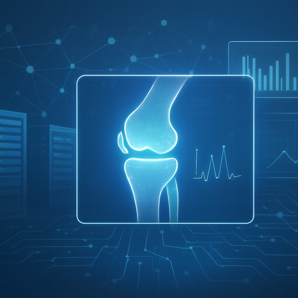 Futuristic illustration of a knee joint with data visualizations in the background
