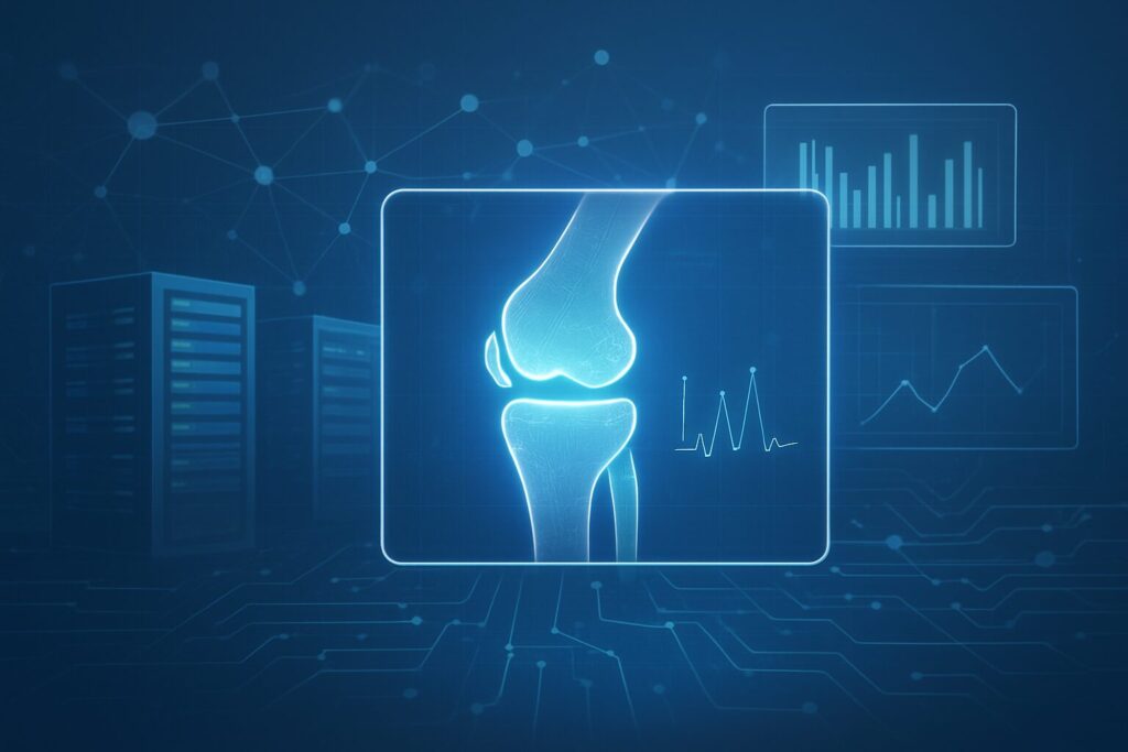 Futuristic illustration of a knee joint with data visualizations in the background