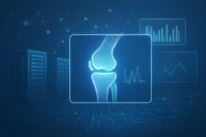 Futuristic illustration of a knee joint with data visualizations in the background