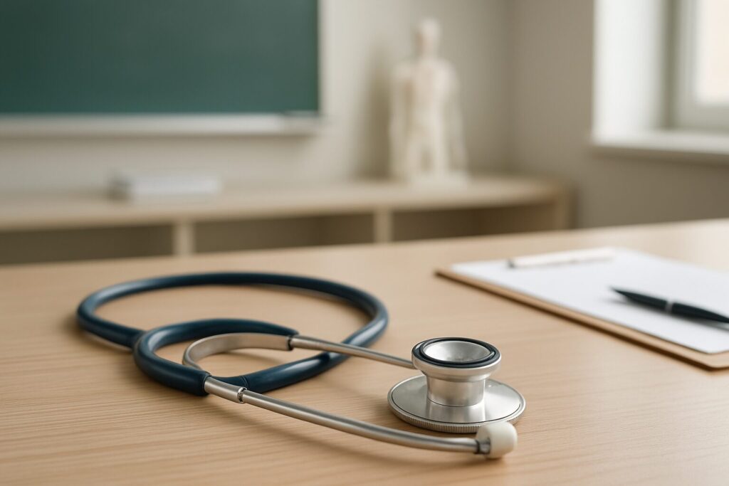 Close-up of a stethoscope on a wooden desk with a blank notepad and pen in the background