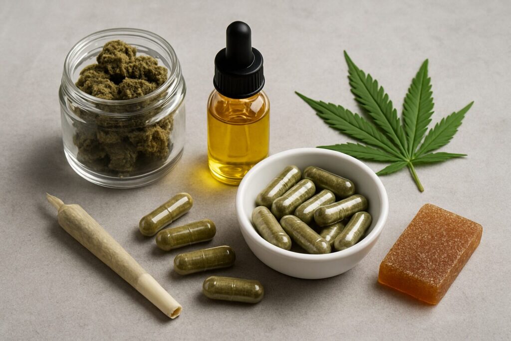 An assortment of cannabis products including flower, oil, capsules, a joint, and a gummy on a grey surface.